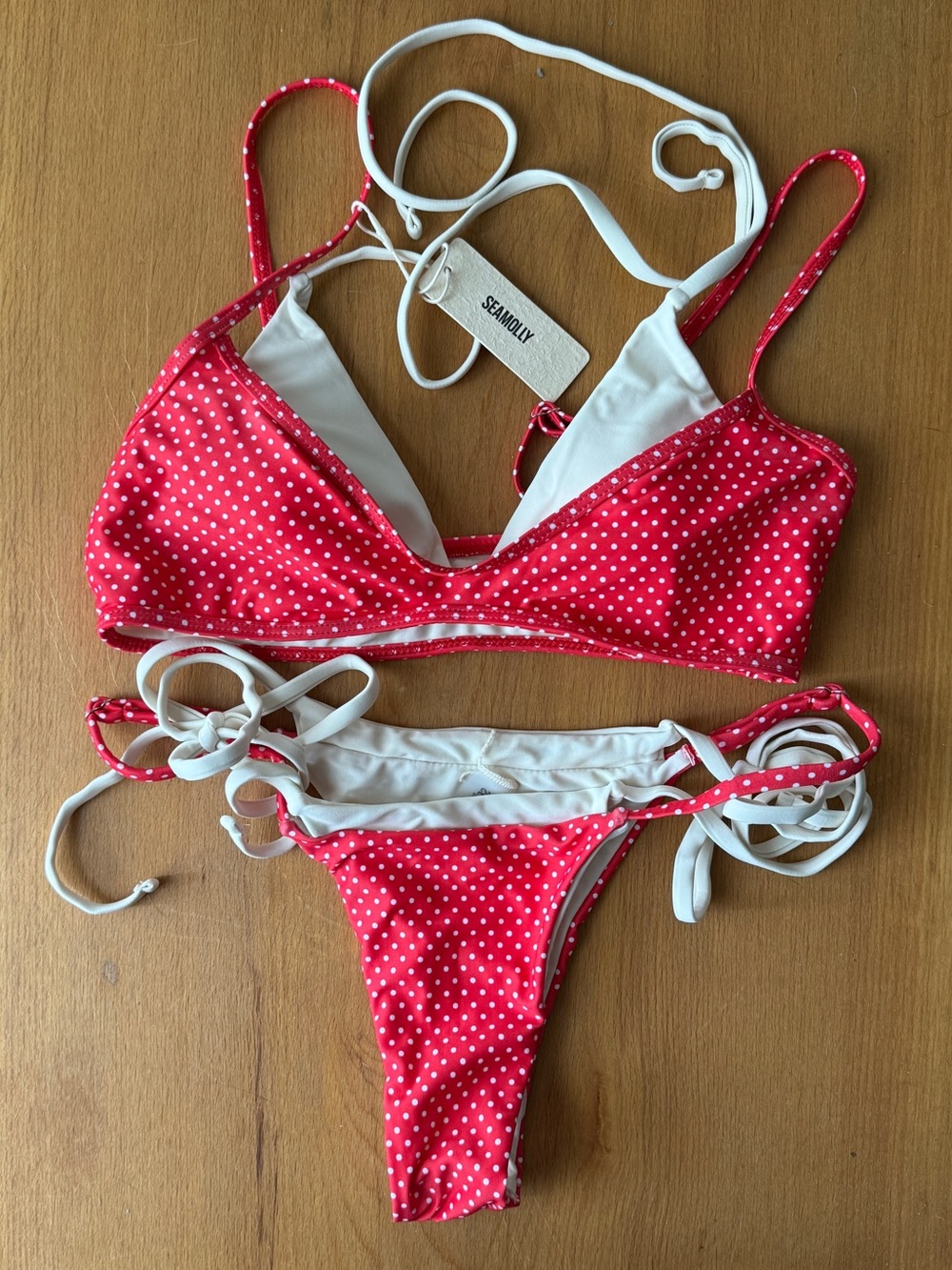 SEAMOLLY POLKA DOT PRINT TIE SIDE DOUBLE LAYER BIKINI SET
